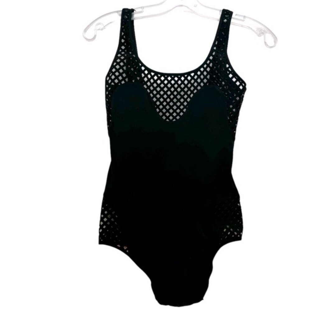 &OtherStories NEW Mesh Laser Cut Out Swimsuit Stretch Round Neck Stretch Black 6